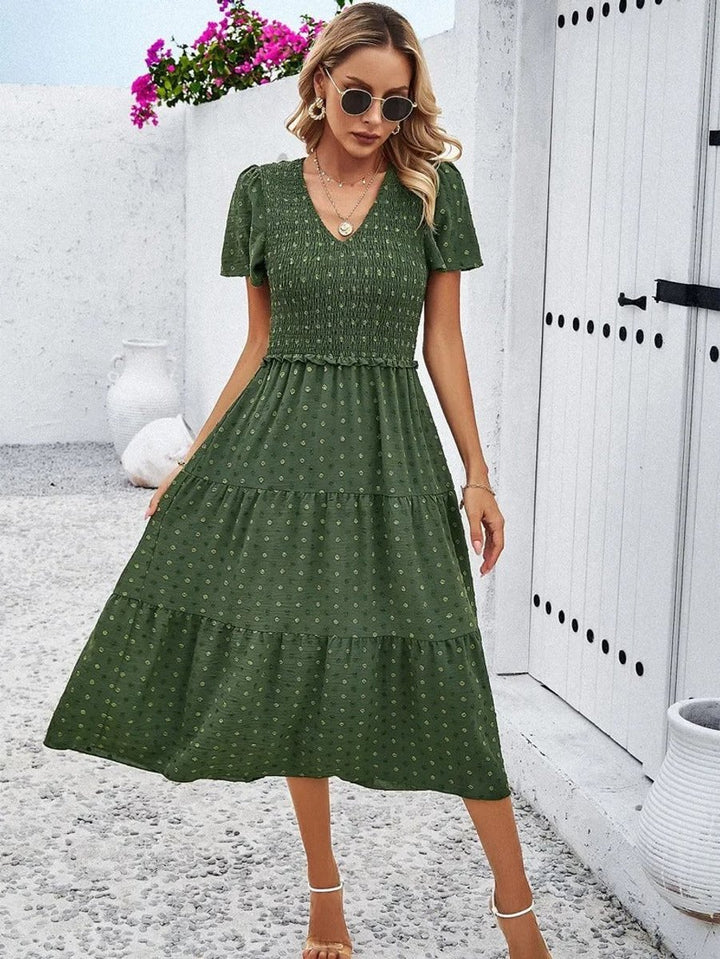Women's Smocked Tiered Fall Midi Dress Puff Sleeve