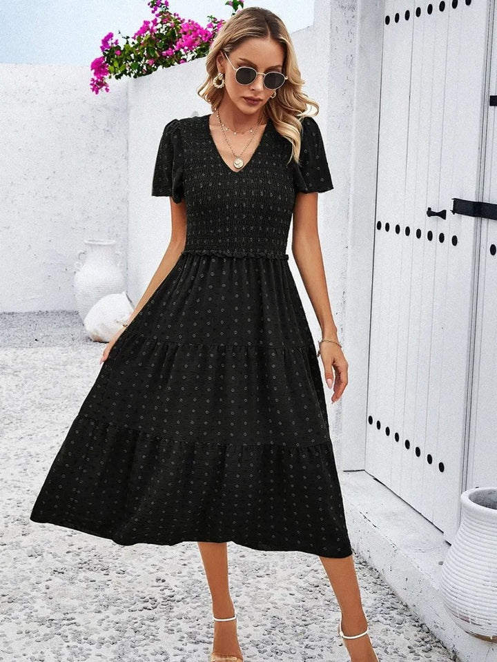 Women's Smocked Tiered Fall Midi Dress Puff Sleeve