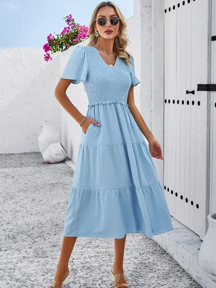 Women's Smocked Tiered Fall Midi Dress Puff Sleeve