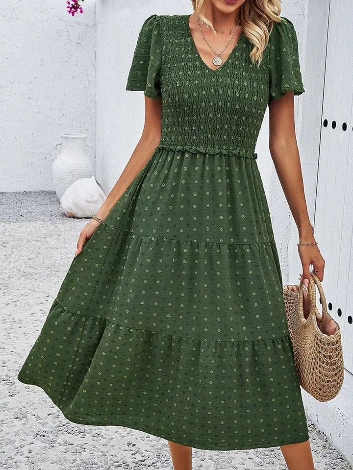 Women's Smocked Tiered Fall Midi Dress Puff Sleeve
