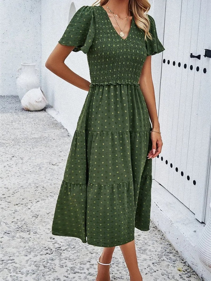 Women's Smocked Tiered Fall Midi Dress Puff Sleeve