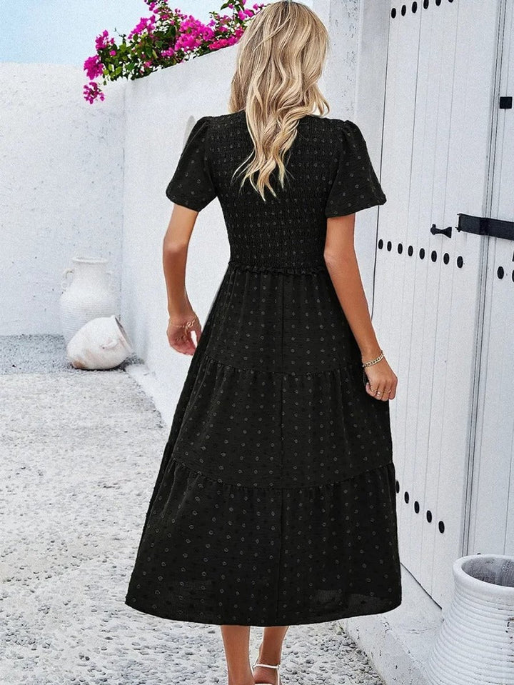 Women's Smocked Tiered Fall Midi Dress Puff Sleeve