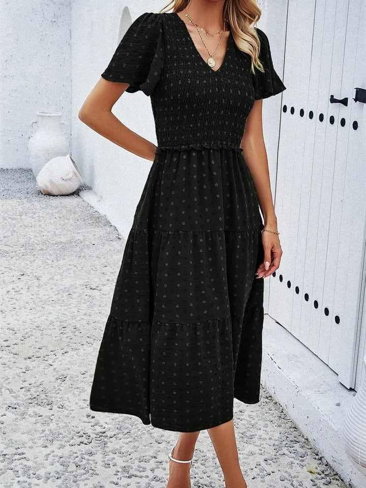 Women's Smocked Tiered Fall Midi Dress Puff Sleeve