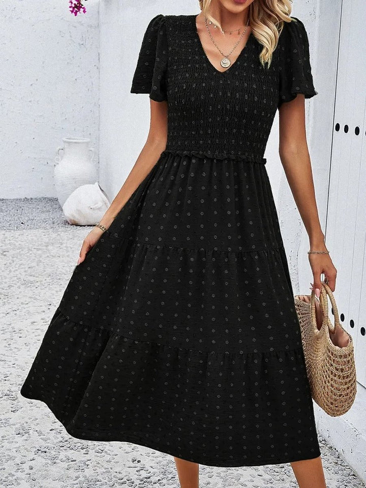 Women's Smocked Tiered Fall Midi Dress Puff Sleeve