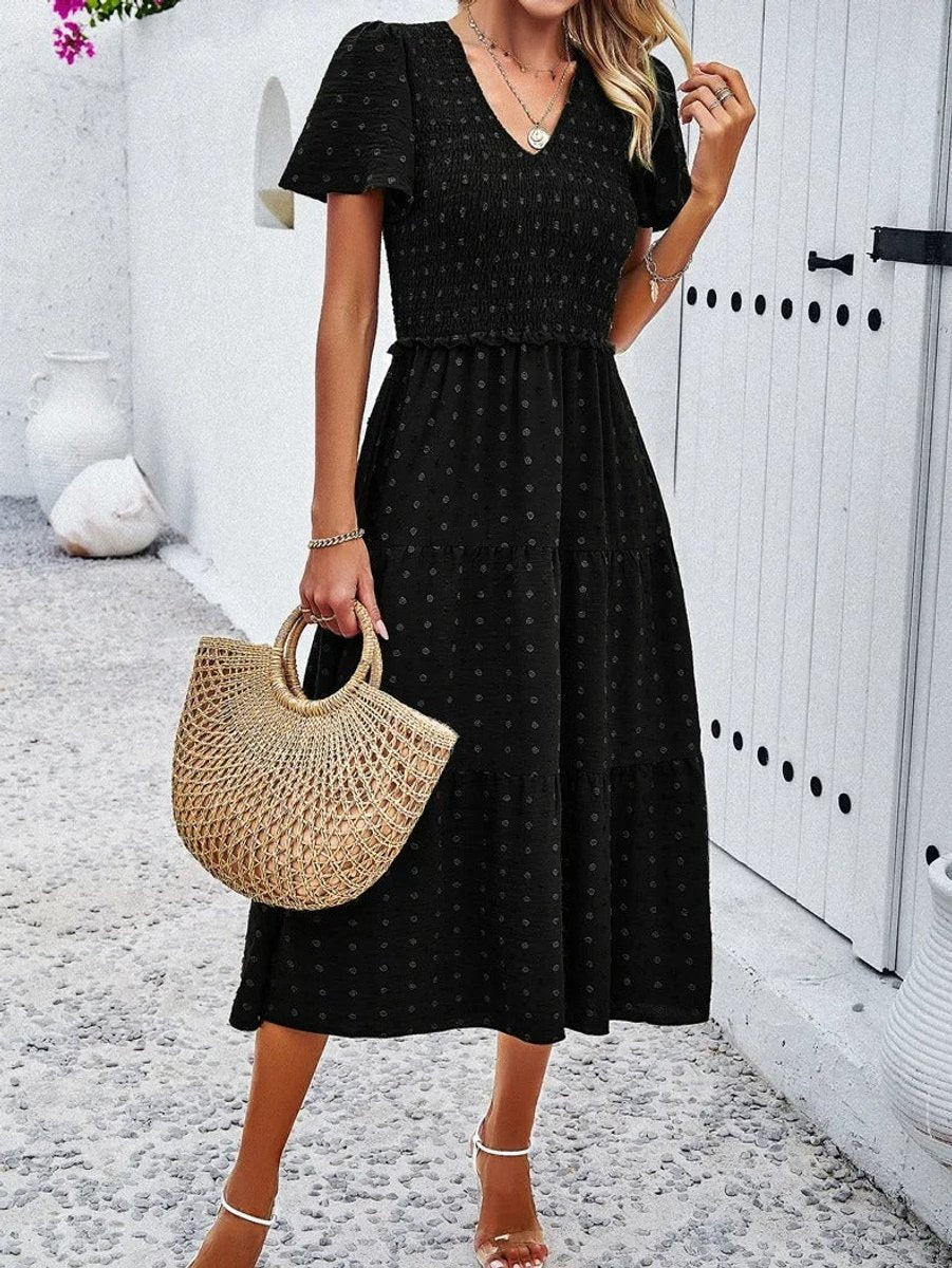Women's Smocked Tiered Fall Midi Dress Puff Sleeve