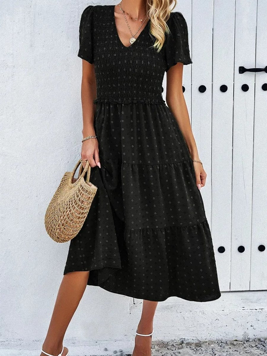 Women's Smocked Tiered Fall Midi Dress Puff Sleeve