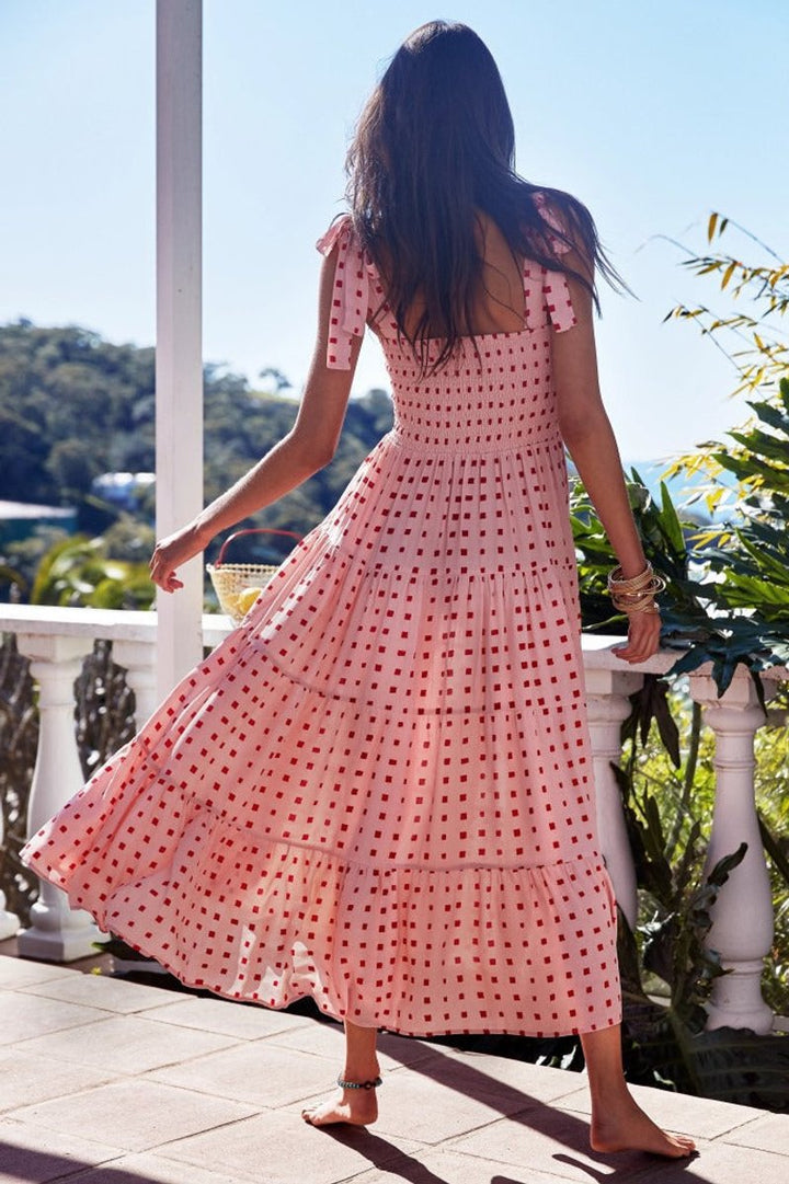 Women's Smocked Tiered Fall Midi Dress Tie-Shoulder