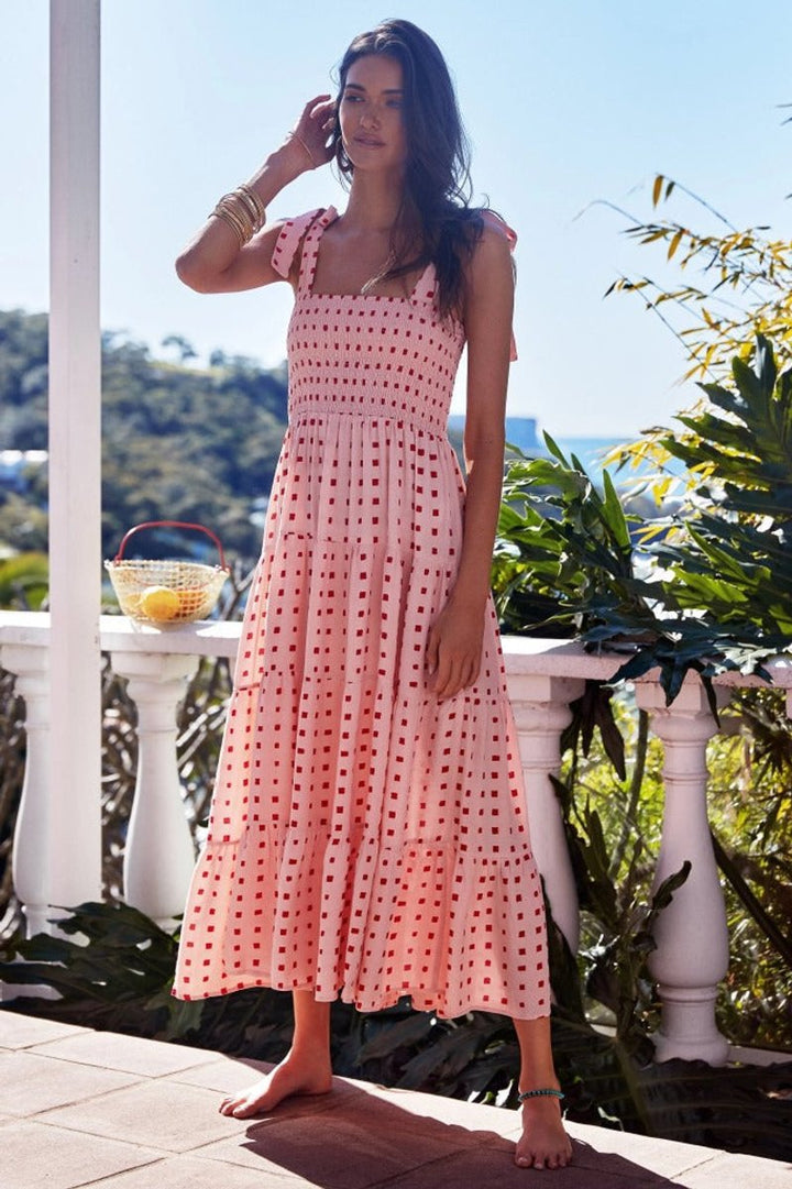 Women's Smocked Tiered Fall Midi Dress Tie-Shoulder