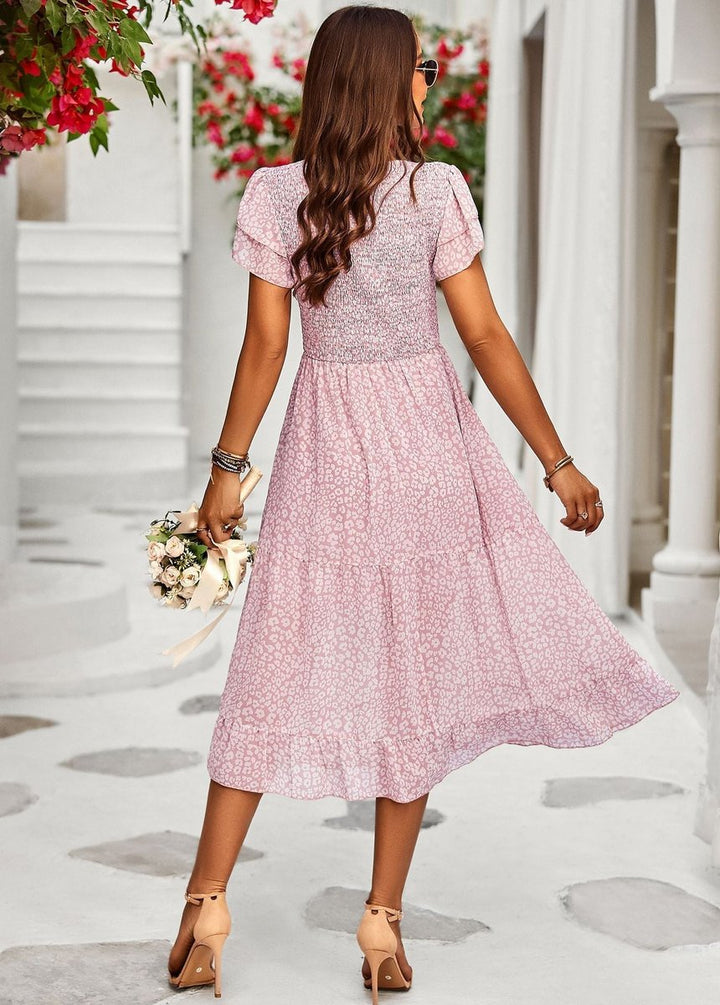 Women's Smocked V-Neck Short Sleeve Fall Midi Dress Flared Skirt