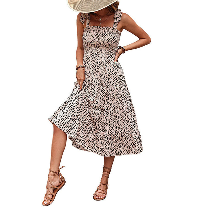 Women's Smocked Waist Dalmatian Print Fall Midi Dress Ruffle Tie-Strap
