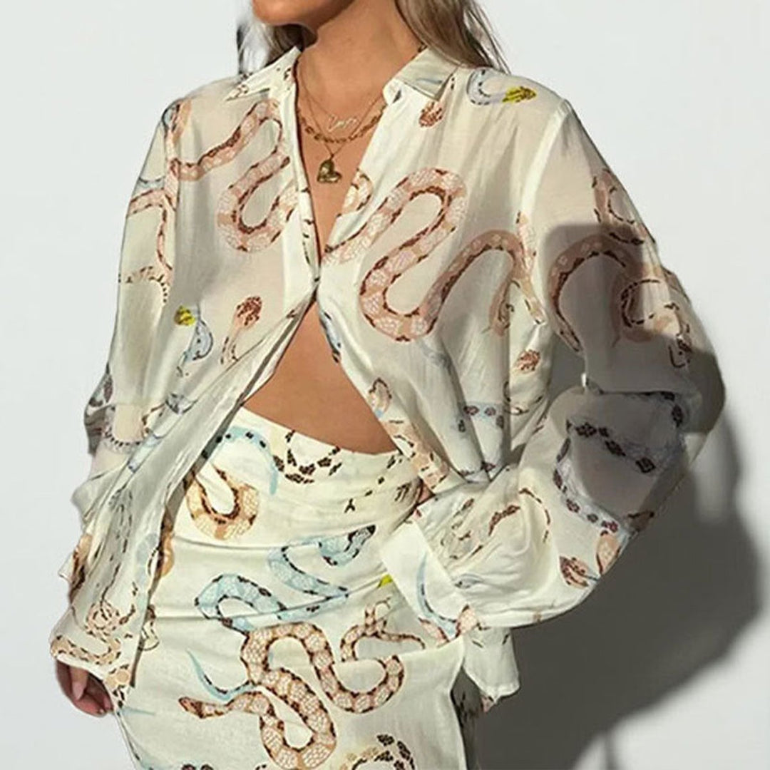Women's Snake Print Sheer-Sleeve Fall Midi Dress