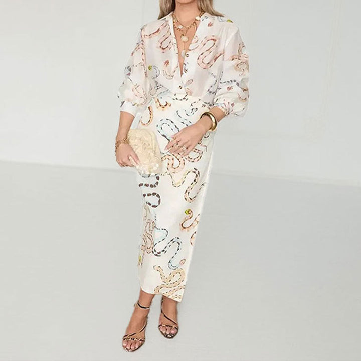 Women's Snake Print Sheer-Sleeve Fall Midi Dress