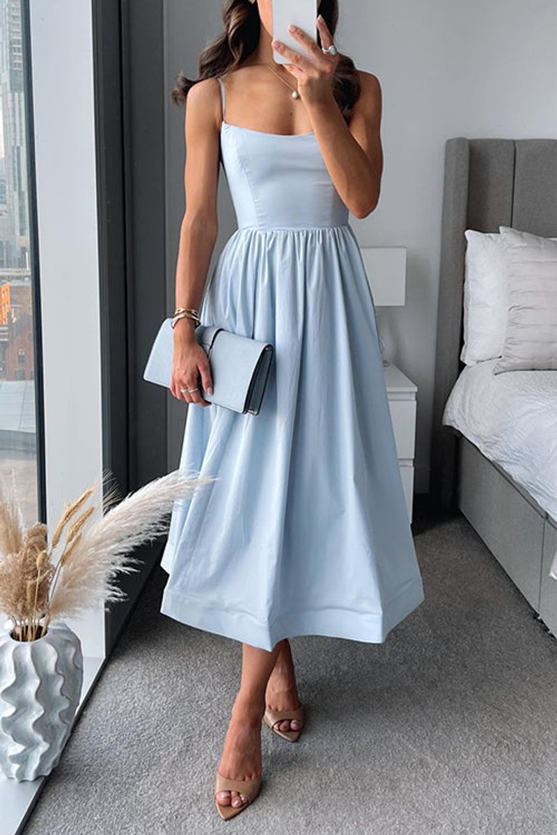Women's Spaghetti Strap A-Line Fall Midi Dress Cotton Blend
