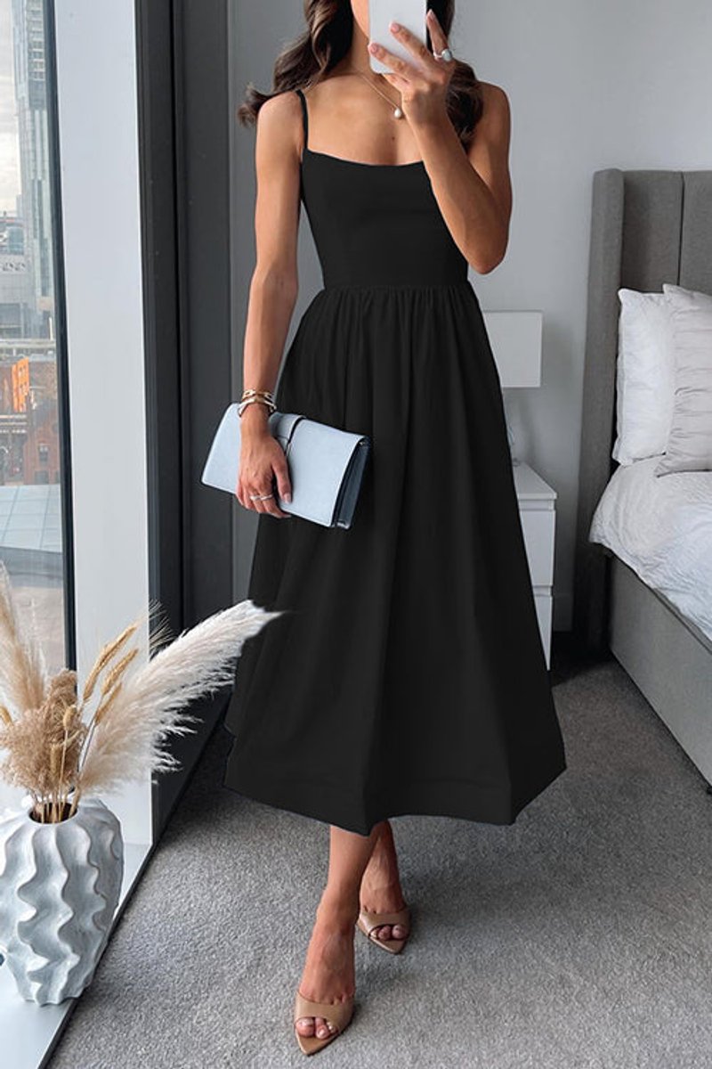 Women's Spaghetti Strap A-Line Fall Midi Dress High-Waist Flowy Skirt