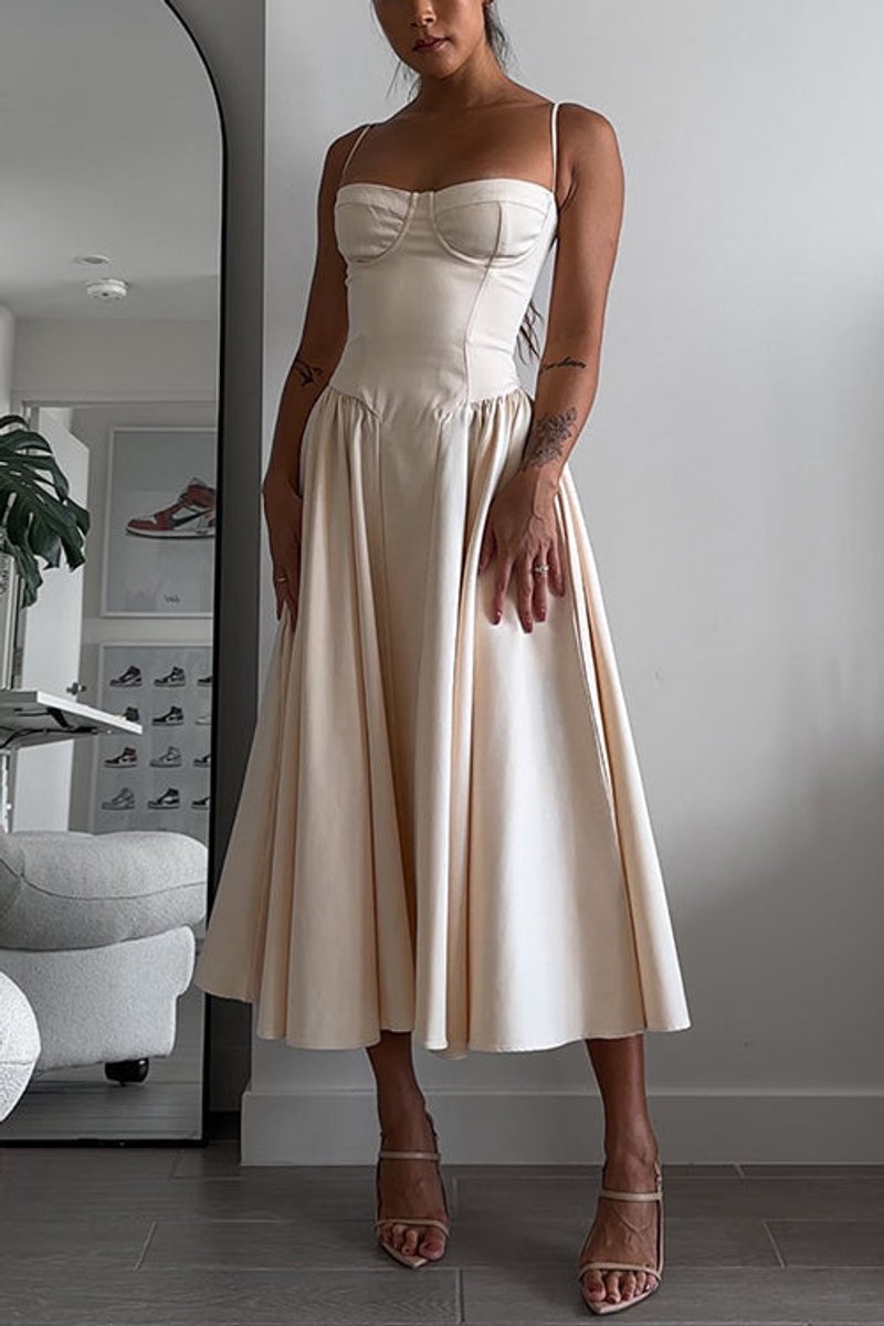 Women's Spaghetti Strap Corset Pocketed Fall Midi Dress