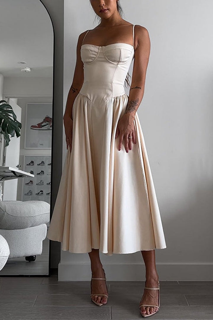 Women's Spaghetti Strap Corset Pocketed Fall Midi Dress