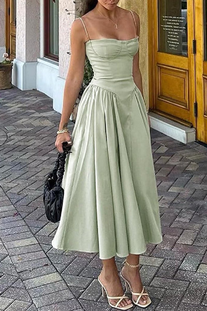 Women's Spaghetti Strap Corset Pocketed Fall Midi Dress