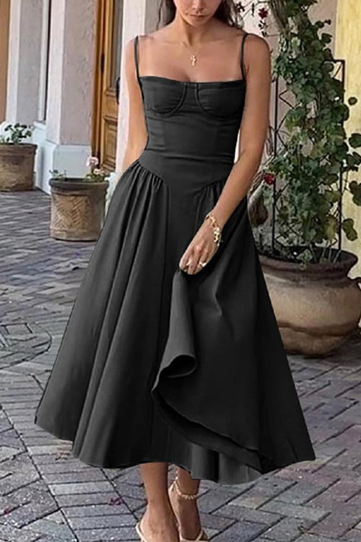 Women's Spaghetti Strap Corset Pocketed Fall Midi Dress