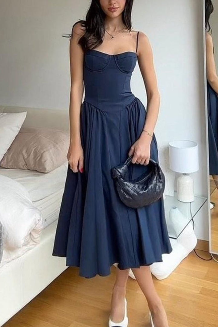 Women's Spaghetti Strap Corset Pocketed Fall Midi Dress