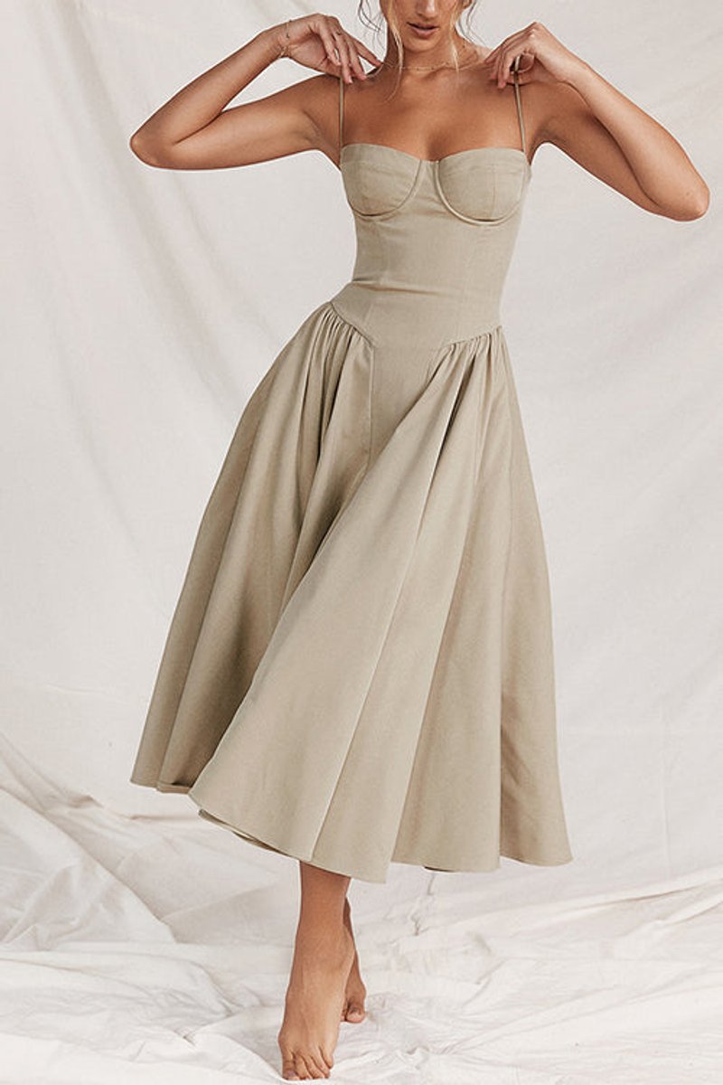 Women's Spaghetti Strap Corset Pocketed Fall Midi Dress