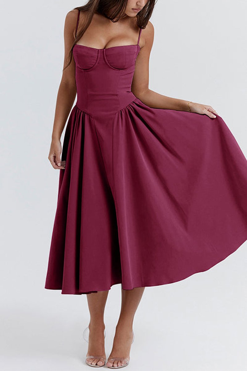 Women's Spaghetti Strap Corset Pocketed Fall Midi Dress