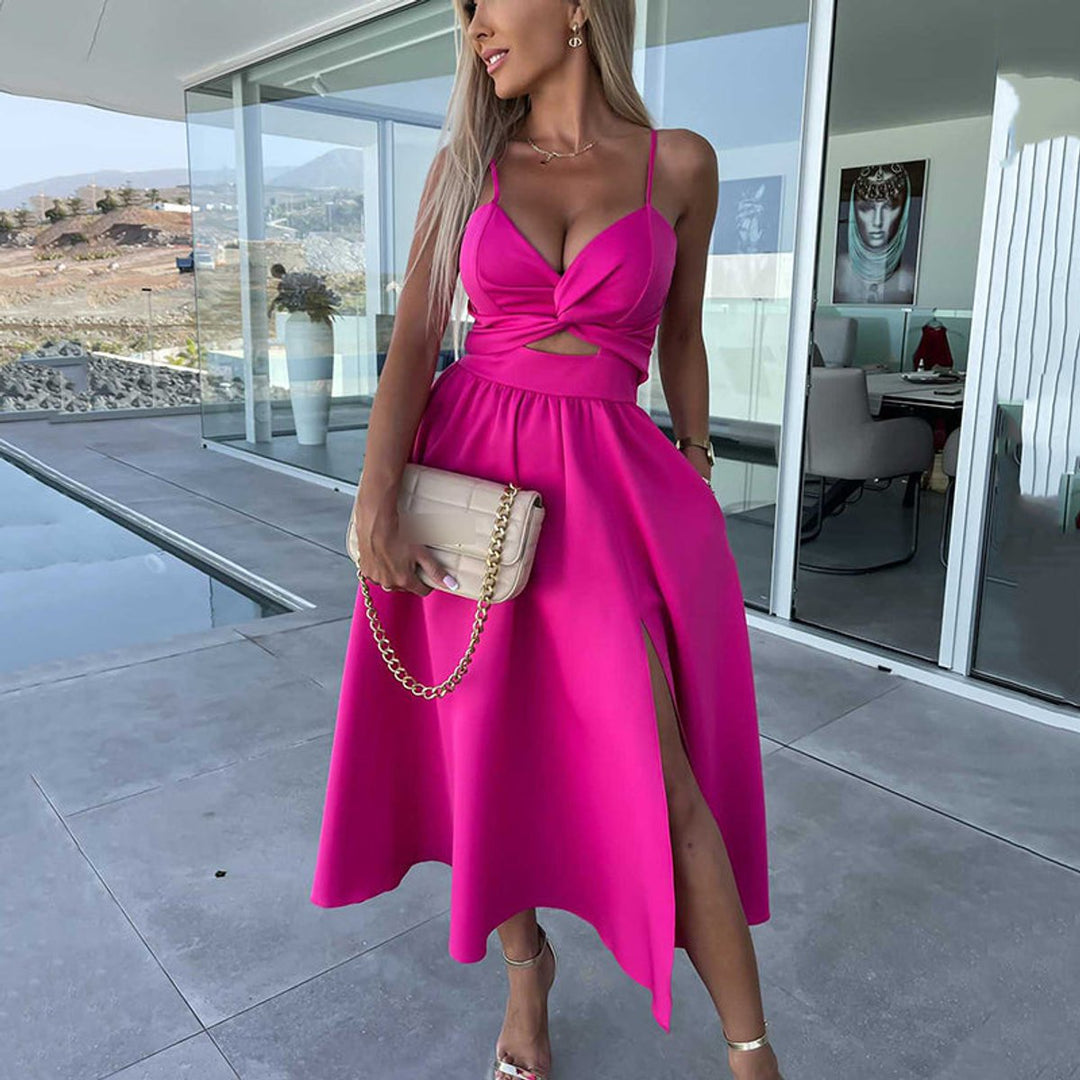 Women's Spaghetti Strap Cutout High-Slit Midi Formal Dress