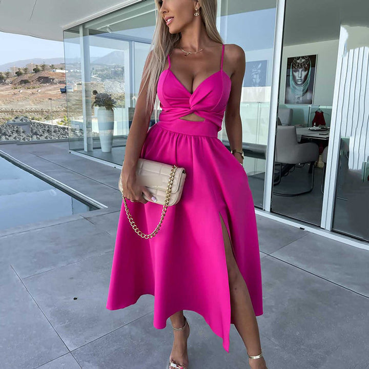 Women's Spaghetti Strap Cutout High-Slit Midi Formal Dress