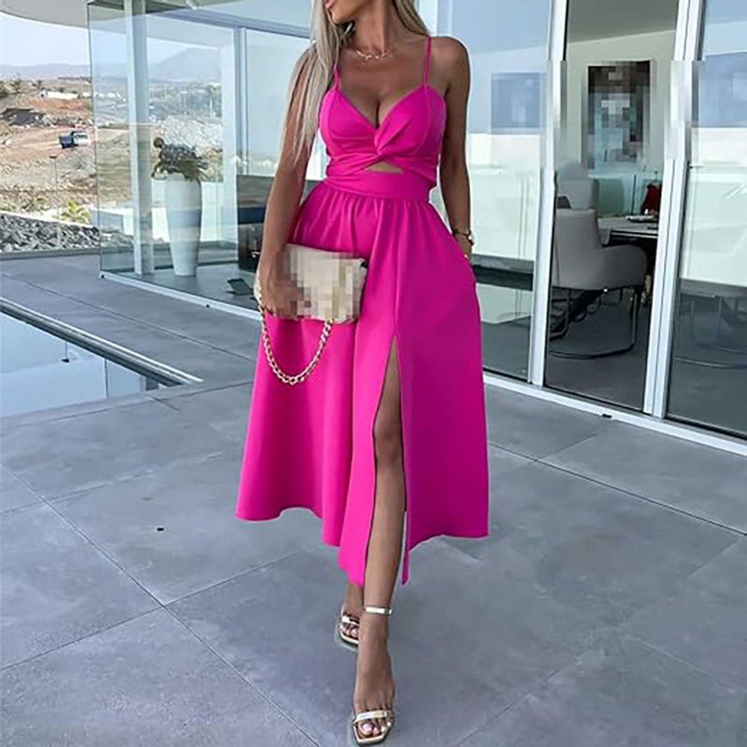 Women's Spaghetti Strap Cutout High-Slit Midi Formal Dress