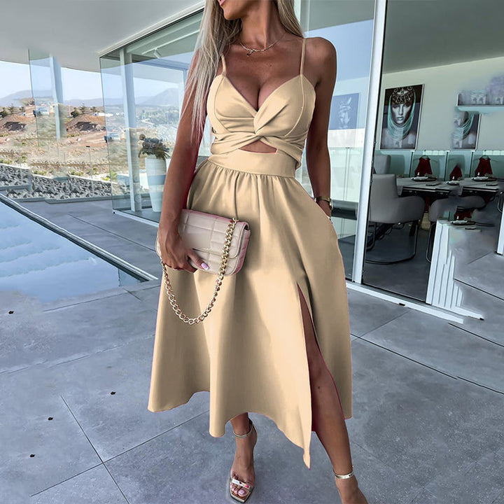 Women's Spaghetti Strap Cutout High-Slit Midi Formal Dress