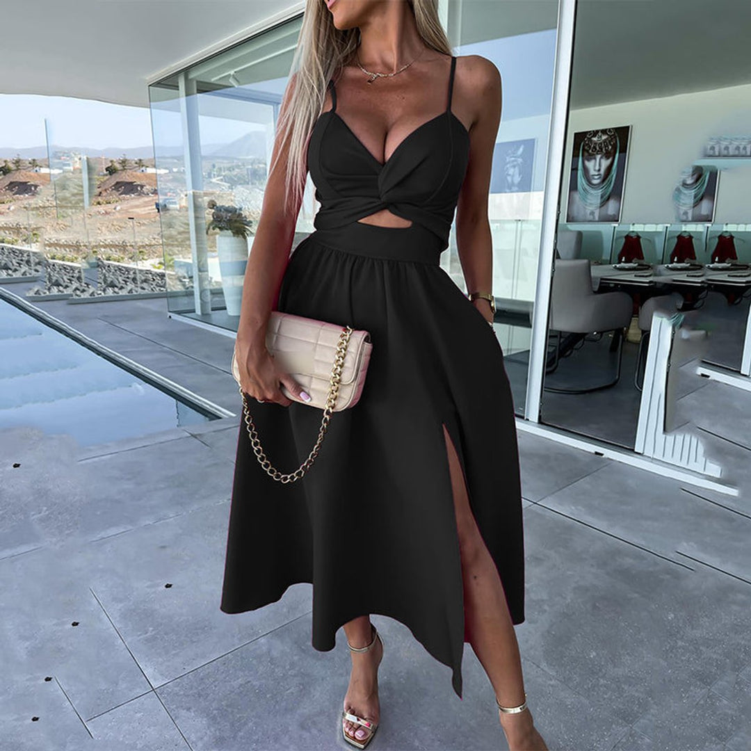 Women's Spaghetti Strap Cutout High-Slit Midi Formal Dress
