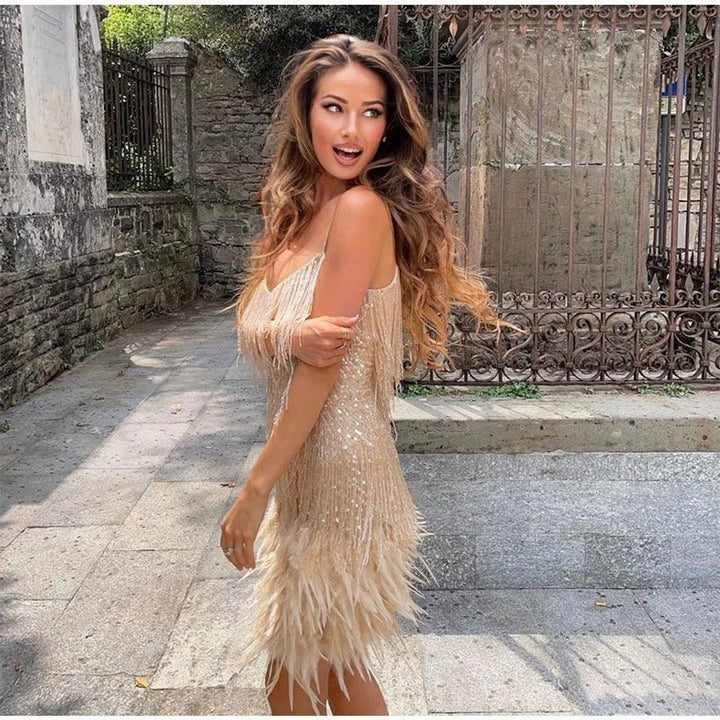 Women's Spaghetti Strap Feather Fringe Mini Formal Dress