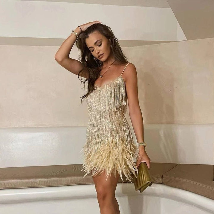 Women's Spaghetti Strap Feather Fringe Mini Formal Dress