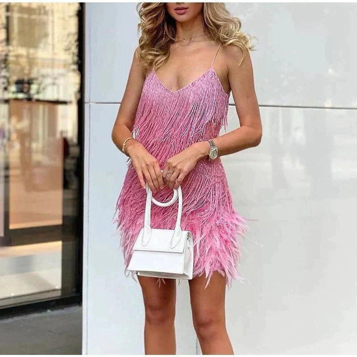 Women's Spaghetti Strap Feather Fringe Mini Formal Dress