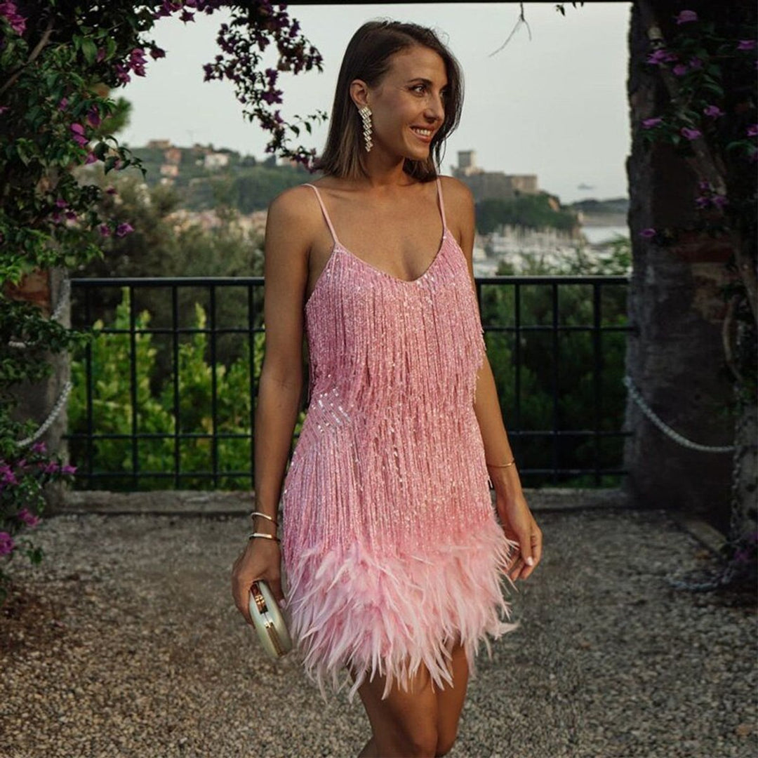 Women's Spaghetti Strap Feather Fringe Mini Formal Dress