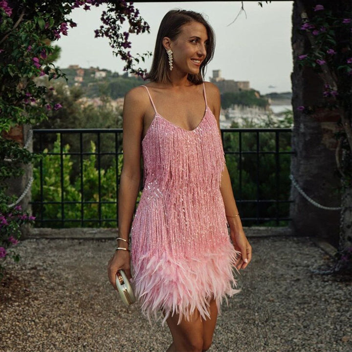 Women's Spaghetti Strap Feather Fringe Mini Formal Dress