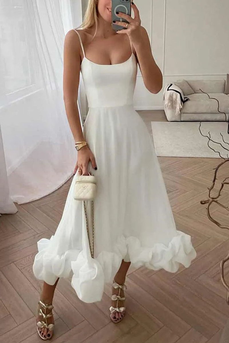 Women's Spaghetti Strap Ruffle Hem Fall Midi Dress