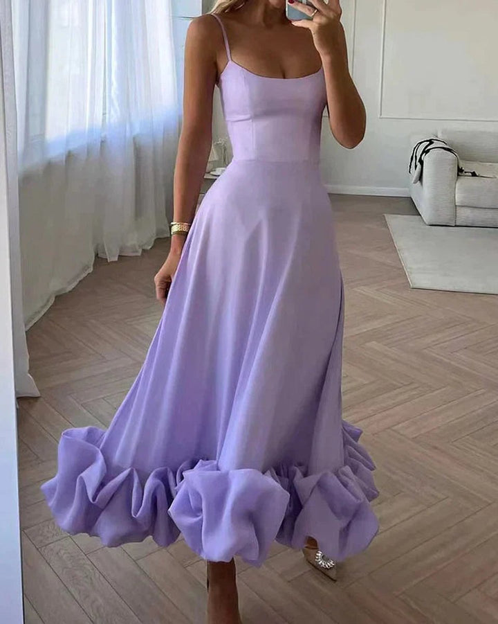 Women's Spaghetti Strap Ruffled Hem Fall Midi Dress