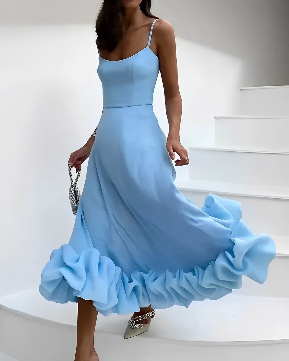 Women's Spaghetti Strap Ruffled Hem Fall Midi Dress