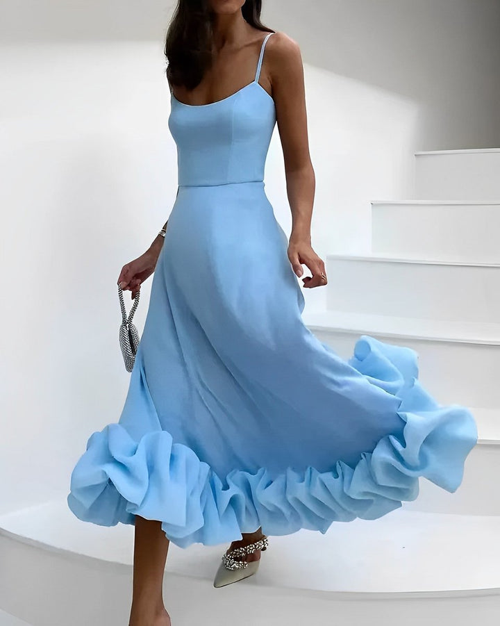 Women's Spaghetti Strap Ruffled Hem Fall Midi Dress