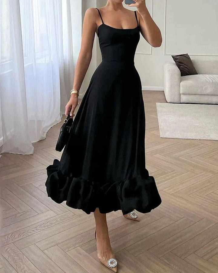 Women's Spaghetti Strap Ruffled Hem Fall Midi Dress