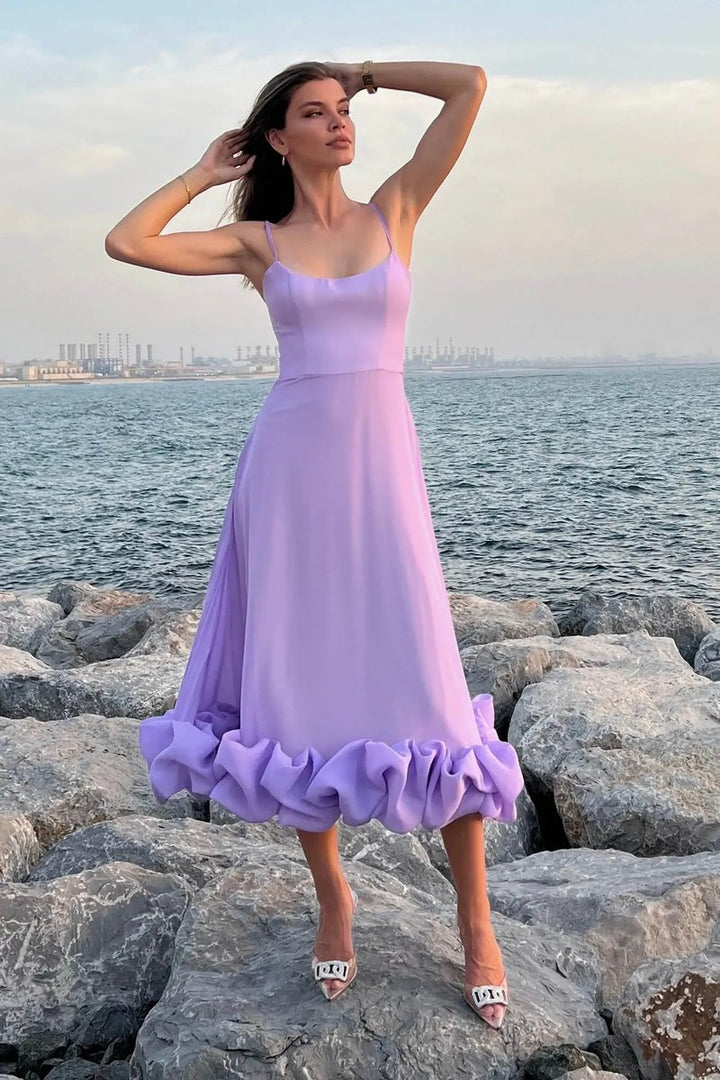 Women's Spaghetti Strap Ruffled Hem Fall Wedding Guest Dress Midi