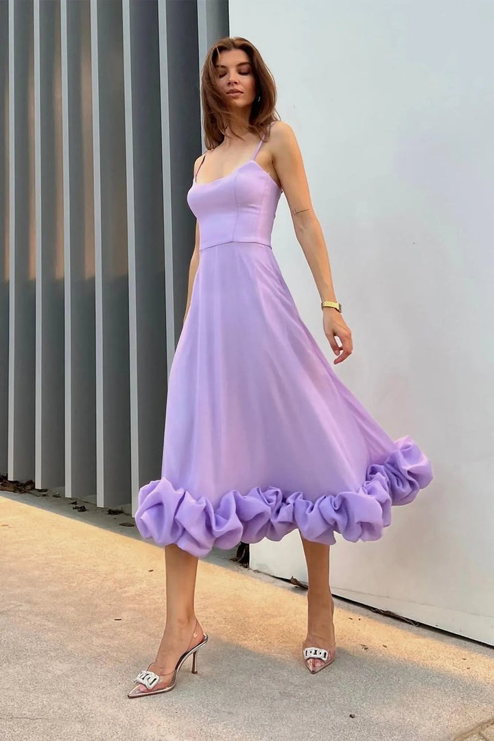 Women's Spaghetti Strap Ruffled Hem Fall Wedding Guest Dress Midi