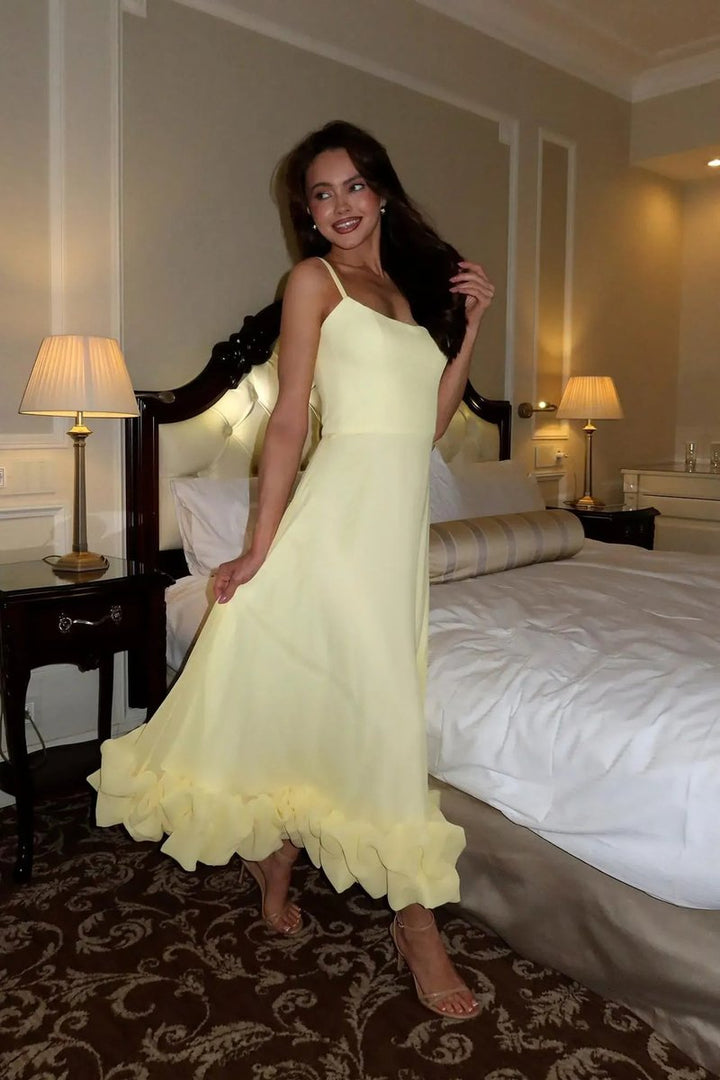 Women's Spaghetti Strap Ruffled Hem Fall Wedding Guest Dress Midi