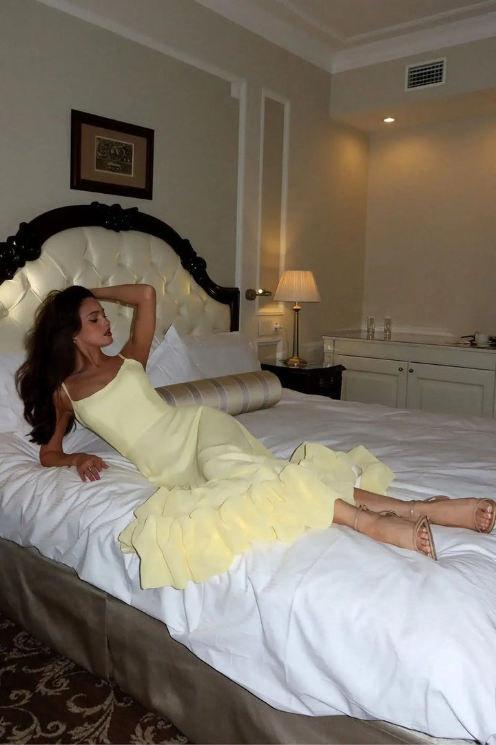 Women's Spaghetti Strap Ruffled Hem Fall Wedding Guest Dress Midi