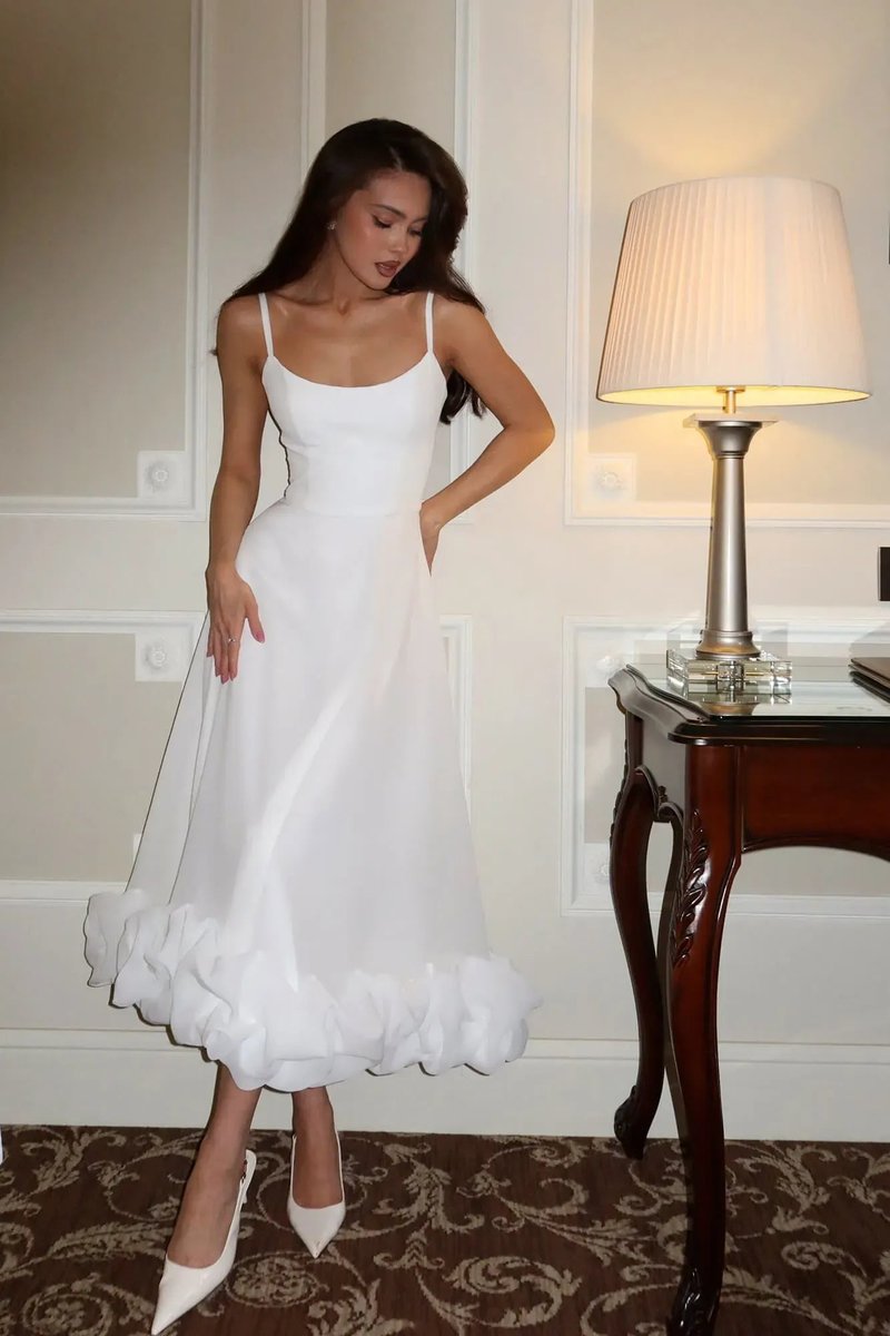 Women's Spaghetti Strap Ruffled Hem Fall Wedding Guest Dress Midi