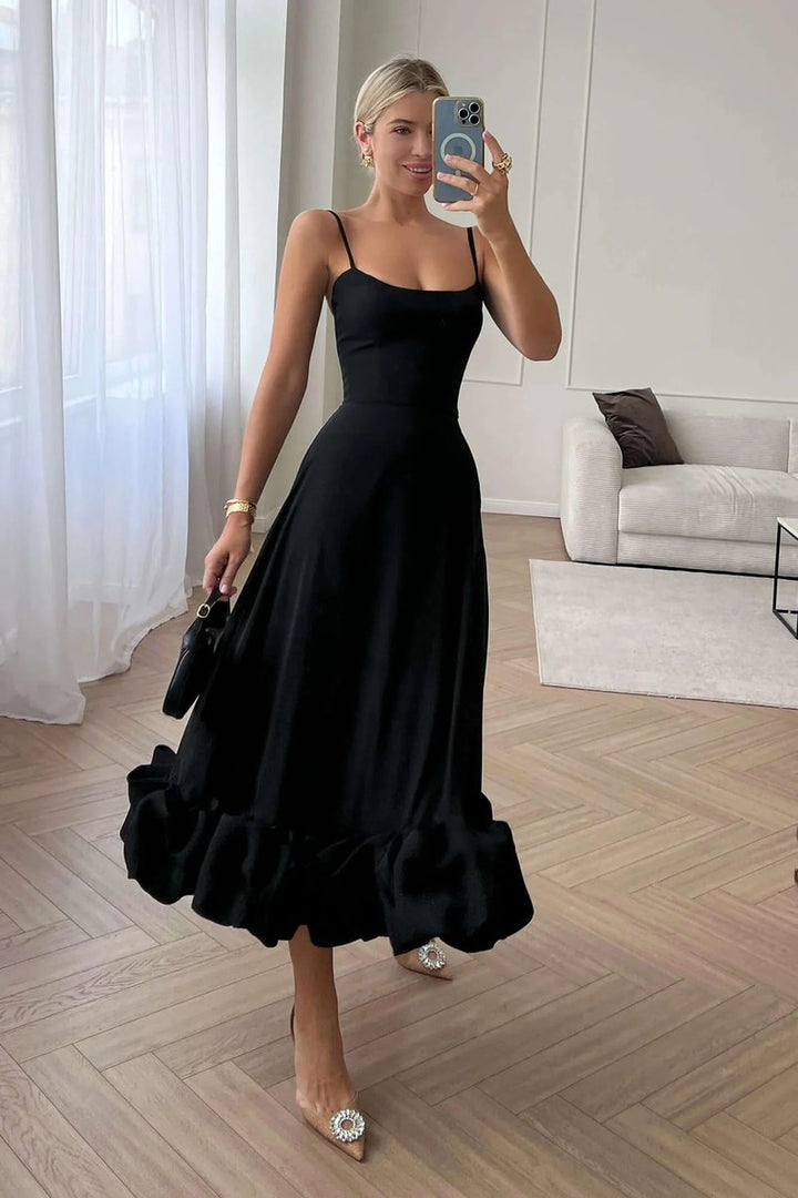 Women's Spaghetti Strap Ruffled Hem Fall Wedding Guest Dress Midi