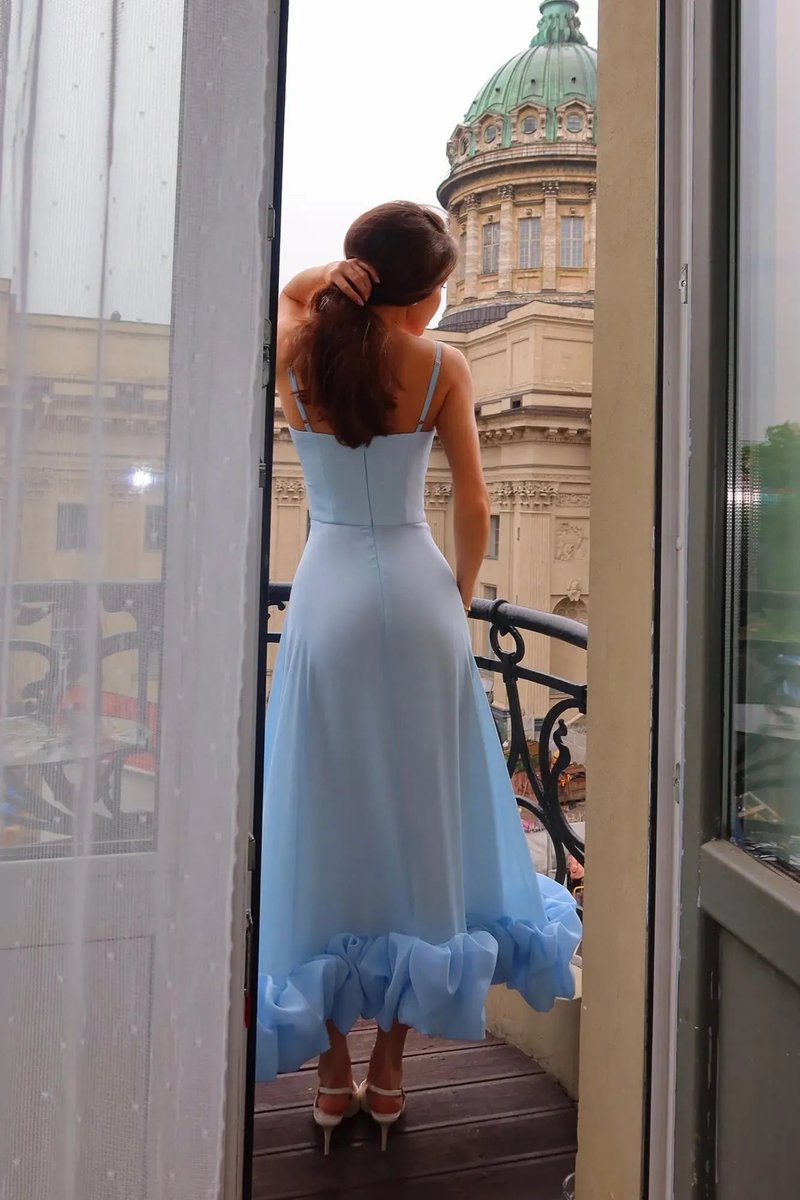 Women's Spaghetti Strap Ruffled Hem Fall Wedding Guest Dress Midi