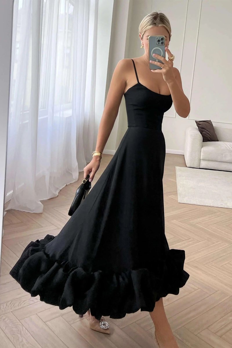 Women's Spaghetti Strap Ruffled Hem Fall Wedding Guest Dress Midi
