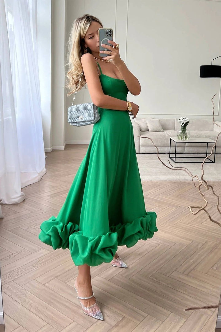 Women's Spaghetti Strap Ruffled Hem Fall Wedding Guest Dress Midi