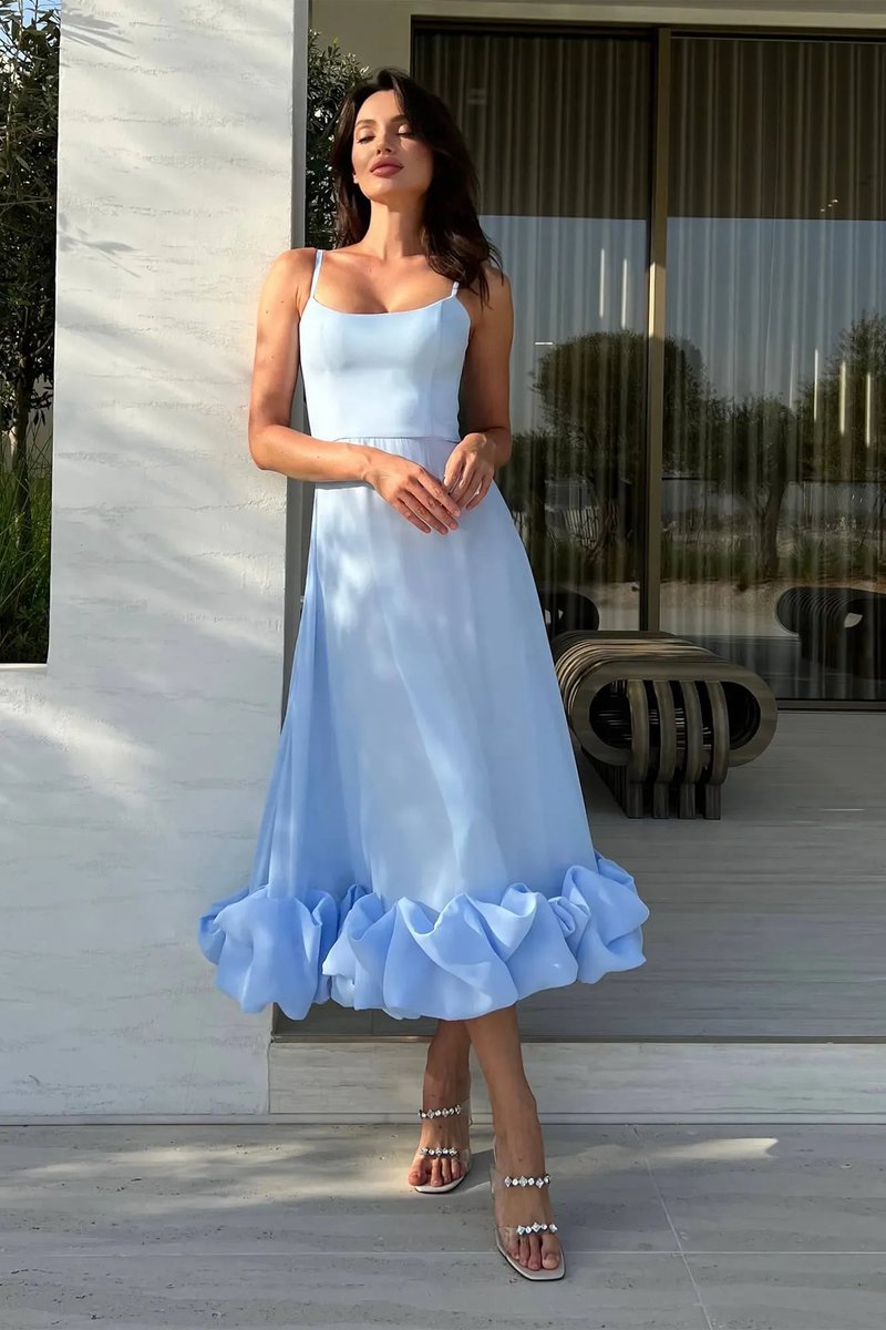 Women's Spaghetti Strap Ruffled Hem Fall Wedding Guest Dress Midi